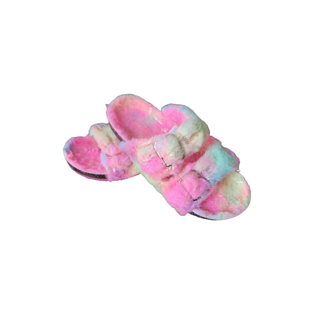 Fuzzy Faux Fur Slide Sandals Women 6 Pastel Double Buckle Slippers